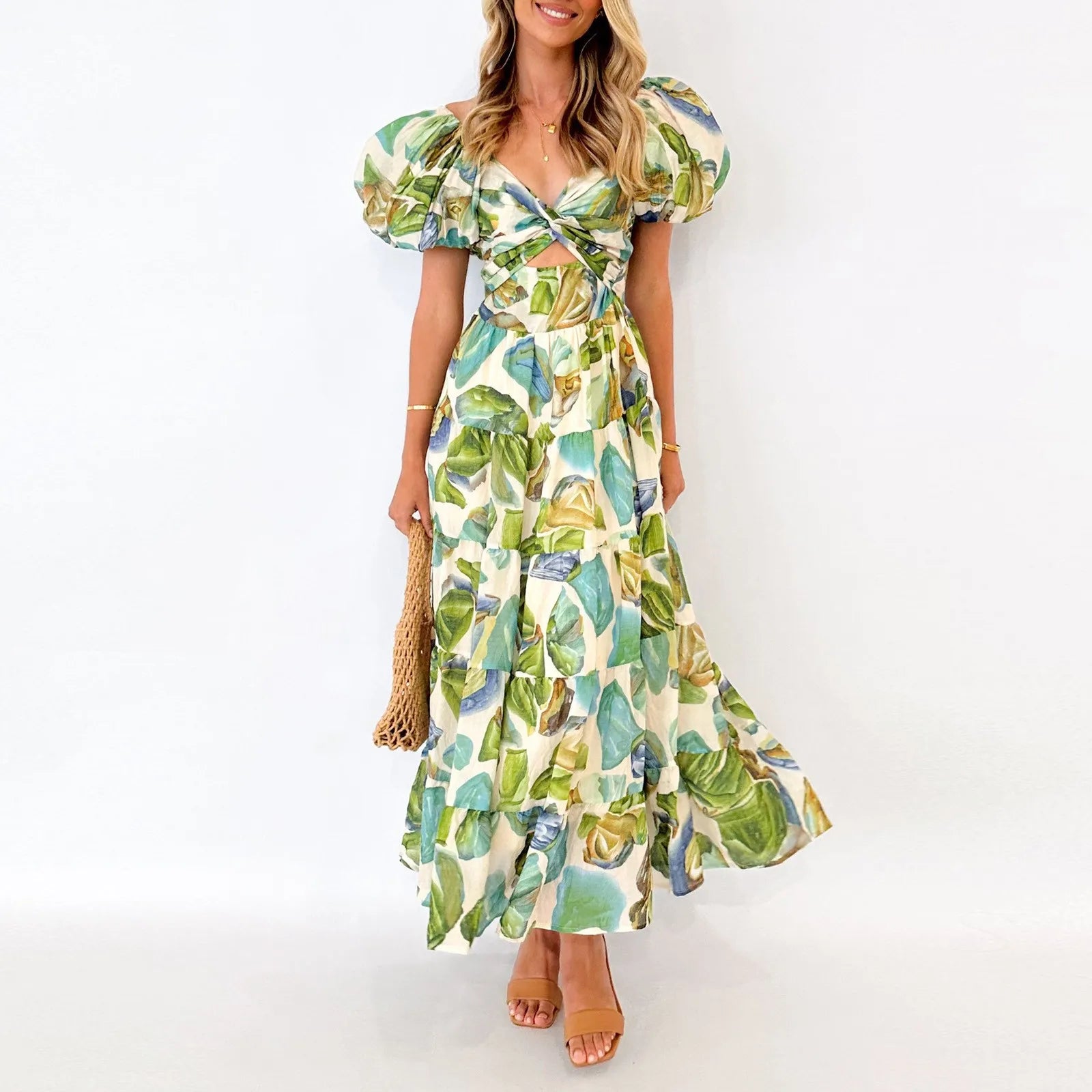 Summer V Neck Cutout Floral Print Dresses Elegant Women Puff Short Sleeve Casual Dress Pleated Waisted Swing Beach Long Dress